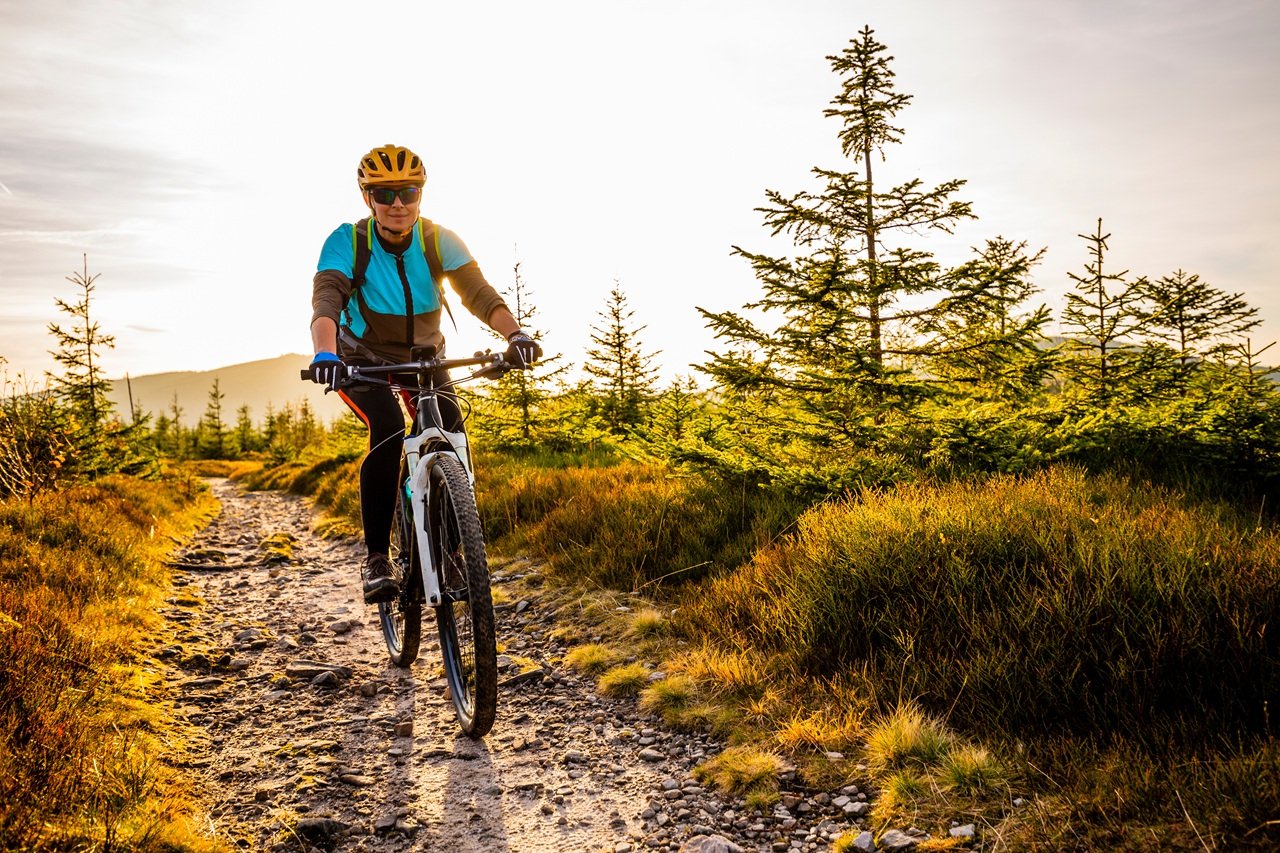 Cycling, mountain bikeing woman on cycle trail in autumn forest. Mountain biking in autumn landscape forest. Woman cycling MTB flow uphill trail.